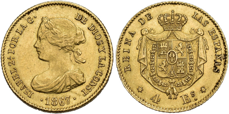 ISABEL II. 4 escudos. 1867. Madrid. AU 3,54 g. 17,9 mm. VI-572. MBC+.