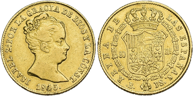 ISABEL II. 80 reales. 1845. Barcelona. AU 6,91 g. 20,9 mm. VI-588. Estuvo engarz...