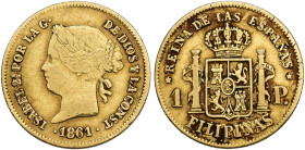 ISABEL II. Peso. 1861. Manila. AU 1,71 g. 15,2 mm. VI-671. Ligeramente alabeada. MBC-/MBC.