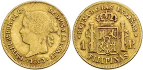 ISABEL II. Peso. 1863. Manila. AU 1,61 g. 15,2 mm. VI-673. Hojitas en anv. MBC.