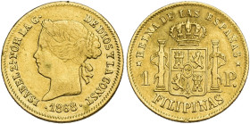 ISABEL II. Peso. 1868. Manila. AU 1,67 g. 15,2 mm. VI-678. Finas rayas. MBC/EBC-.