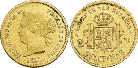 ISABEL II. 2 pesos. 1861. Manila. AU 3,31 g. 17,9 mm. VI-679. Hojita en anv. MBC+.