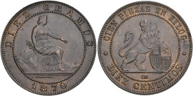 GOBIERNO PROVISIONAL. 10 céntimos. 1870. Barcelona. OM. AE 9,84 g. 30,1 mm. VII-6. R.B.O. EBC-.
