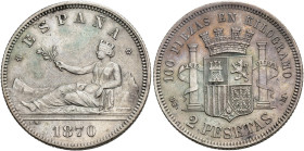 GOBIERNO PROVISIONAL. 2 pesetas. 1870*18-73. Madrid. DEM. AR 9,91 g. 27,1 mm. VII-18. MBC+.