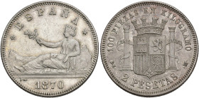 GOBIERNO PROVISIONAL. 2 pesetas. 1870*18-74. Madrid. DEM. AR 10,08 g. 27,1 mm. VII-19. MBC+/EBC-.