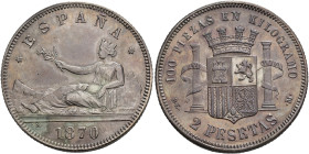 GOBIERNO PROVISIONAL. 2 pesetas. 1870*18-75. Madrid. DEM. AR 9,71 g. 27 mm. VII-20. Anv. limpiado mecámicamente. MBC+/EBC-.