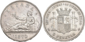 GOBIERNO PROVISIONAL. 5 pesetas. 1870*18-70. Madrid. SNM AR 24,95 g. 37,5 mm. VII-22. Pequeñas marcas. MBC-.