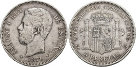 AMADEO I. 5 pesetas. 1871*18-73. Madrid. DEM. AR 24,82 g. 37,5 mm. VII-34. Golpecito en gráfila y pequeñas marcas. MBC. Escasa.