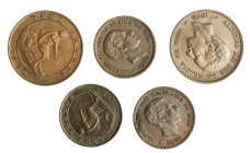 ALFONSO XII. Lote de 5 piezas: 5 y 10 pts. 1870; 5 cts. 1878 y 1879 y 10 cts. 1879. MBC/MBC+.