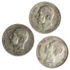 ALFONSO XII. Lote de 3 piezas de 1 pta.: 1876, 1883 y 1885 MSM. MBC-/MBC.