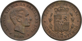ALFONSO XII. 5 céntimos. 1878. OM. AE 5,08 g. 25,1 mm. VI-43. Punto de óxico. R.B.O. EBC-.