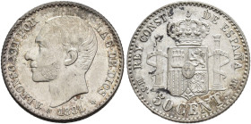 ALFONSO XII. 50 céntimos. 1881*8-1. Madrid. MSM. AR 2,53 g. 18,2 mm. VII-49. Leves oxidaciones. B.O. EBC.