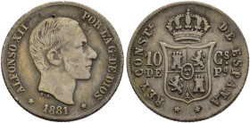 ALFONSO XII. 10 centavos de peso. 1881. Manila. AR 2,51 g. 18,2 mm. VII-52. Punzón en anv. MBC-.