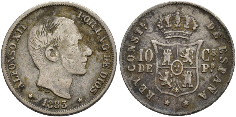 ALFONSO XII. 10 centavos de peso. 1883/2. Manila. AR 2,5 g. 18,3 mm. VII-54. Oxi...