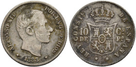 ALFONSO XII. 10 centavos de peso. 1883/2. Manila. AR 2,5 g. 18,3 mm. VII-54. Oxidaciones. MBC.