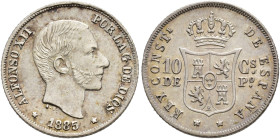 ALFONSO XII. 10 centavos de peso. 1885. Manila. AR 2,58 g. 18,2 mm. VII-56. R.B.O. EBC.