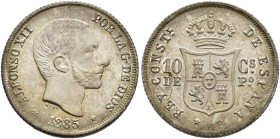 ALFONSO XII. 10 centavos de peso. 1885. Manila. AR 2,58 g. 18,3 mm. VII-56. B.O. SC.