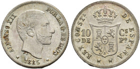 ALFONSO XII. 10 centavos de peso. 1885. Manila. AR 2,54 g. 18,2 mm. VII-56. Finas rayas. EBC/SC.