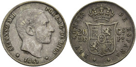 ALFONSO XII. 20 centavos de peso. 1881. Manila. AR 5,17 g. 23,4 mm. VII-65. MBC+.