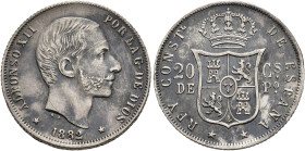 ALFONSO XII. 20 centavos de peso. 1882. Manila. AR 5,2 g. 23,4 mm. VII-66. Rayas en anv. EBC-.