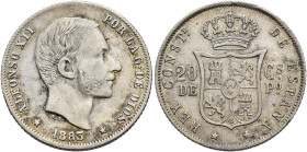 ALFONSO XII. 20 centavos de peso. 1883. Manila. AR 5,2 g. 23,4 mm. VII-67. MBC+/MBC.