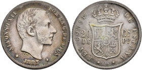 ALFONSO XII. 20 centavos de peso. 1883. Manila. AR 5,16 g. 23,4 mm. VII-67. MBC+/MBC.