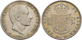 ALFONSO XII. 20 centavos de peso. 1884. Manila. AR 5,13 g. 23,4 mm. VII-68. Rayitas. MBC-. Muy escasa.