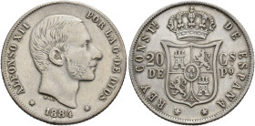ALFONSO XII. 20 centavos de peso. 1884. Manila. AR 5,08 g. 23,4 mm. VII-68. MBC+. Muy escasa.
