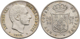 ALFONSO XII. 20 centavos de peso. 1885. Manila. AR 5,16 g. 23,3 mm. VII-69. Golpecito en anv. EBC-.