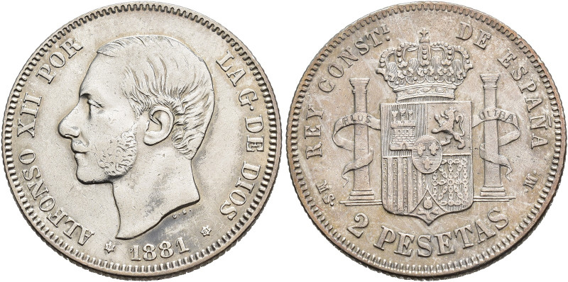 ALFONSO XII. 2 pesetas. 1881*18-81. Madrid. MSM. AR 9,93 g. 27,1 mm. VII-71. Lig...