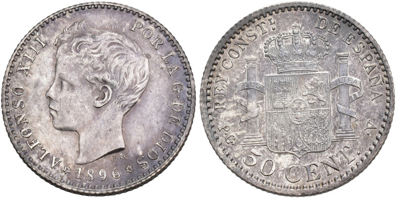 ALFONSO XIII. 50 céntimos. 1896*18-96. Madrid. PGV. AR 2,53 g. 18,1 mm. VII-143....