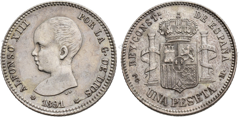 ALFONSO XIII. 1 peseta. 1891*18-91. Madrid. PGM. AR 5,07 g. 23 mm. VII-151. EBC-...