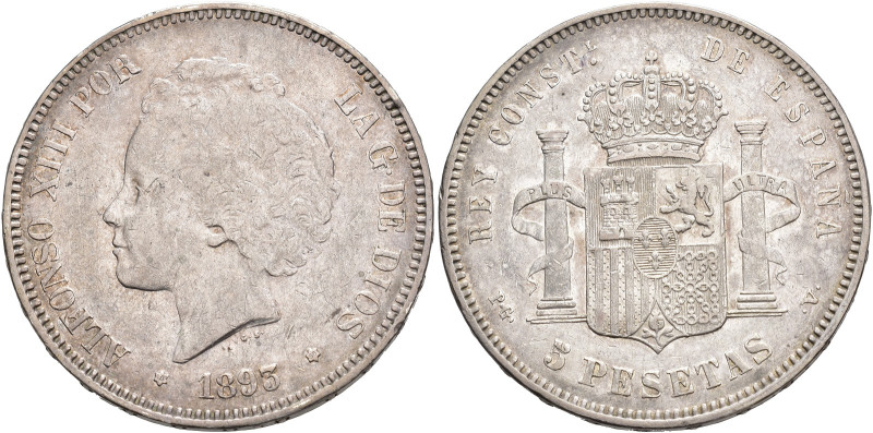 ALFONSO XIII. 5 pesetas. 1893*18-93. Madrid. PGV. AR 24,85 g. 37,5 mm. VII-186. ...