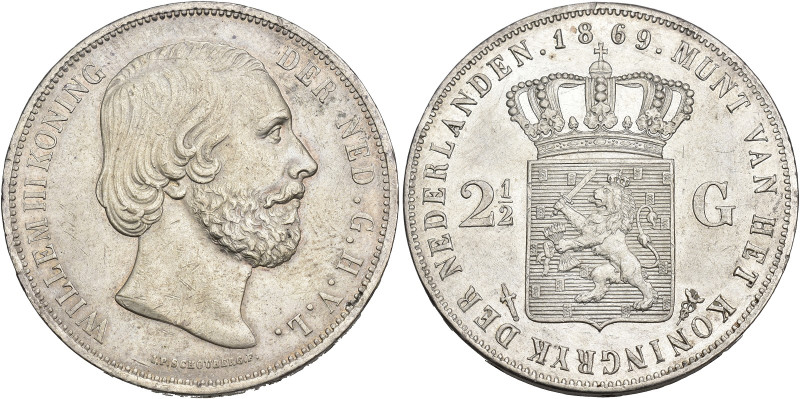 HOLANDA. 2 1/2 gulden. 1869. AR 24,93 g. 38,2 mm. KM-82. Golpecitos en canto. MB...