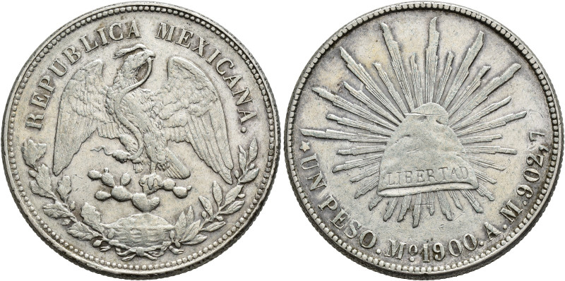 MÉXICO. Peso. 1900. México. AM. AR 26,97 g. 39,1 mm. KM-409.2. Rayita en rev. MB...