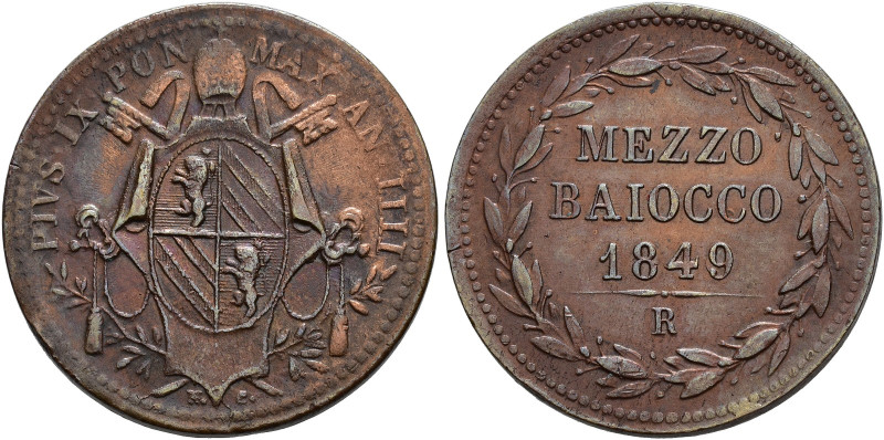 VATICANO-ESTADOS PAPALES. Pío IX. Meio baiocco. 1849. R. AR 4,61 g. 23,5 mm. KM-...