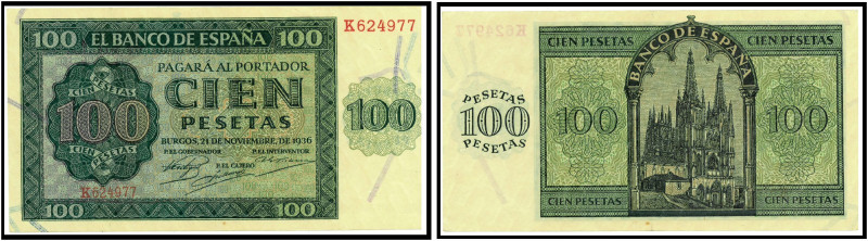 BILLETES. BANCO DE ESPAÑA. 100 pesetas. 21 de noviembre 1936. Burgos. Serie K. E...