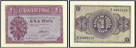BILLETES. BANCO DE ESPAÑA. 1 peseta, 12 de octubre de 1937. Burgos, serie E. ED-D26a. Doblado. EBC.