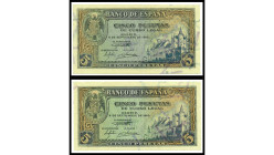 BILLETES. BANCO DE ESPAÑA. Lote de 2 billetes de 5 pesetas 4 de septiembre 1940, Madrid. Series A y D. ED-D44 y D44a. EBC.