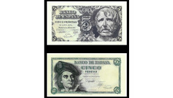 BILLETES. BANCO DE ESPAÑA. Lote de 2 billetes de 5 pesetas: 12-4-1947. Serie C. ED-D55A y 5 pts. 5-3-1948 serie B, ED-D56A. SC.