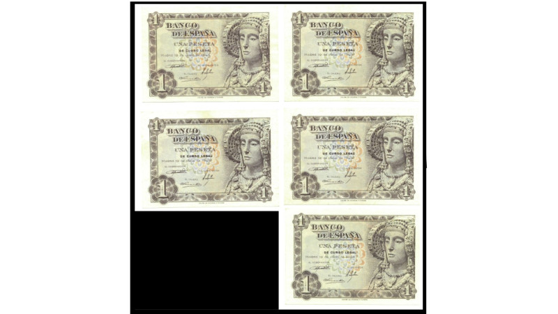 BILLETES. BANCO DE ESPAÑA. Lote de 5 billetes de 1 peseta: 4 sin serie, 3 de ell...