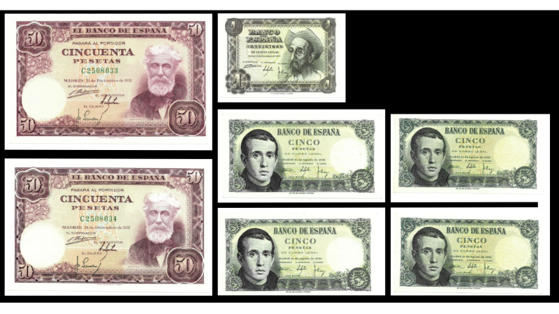 BILLETES. BANCO DE ESPAÑA. Lote de 7 billetes: 5 pesetas 19-8-1951 (4). Dos pare...