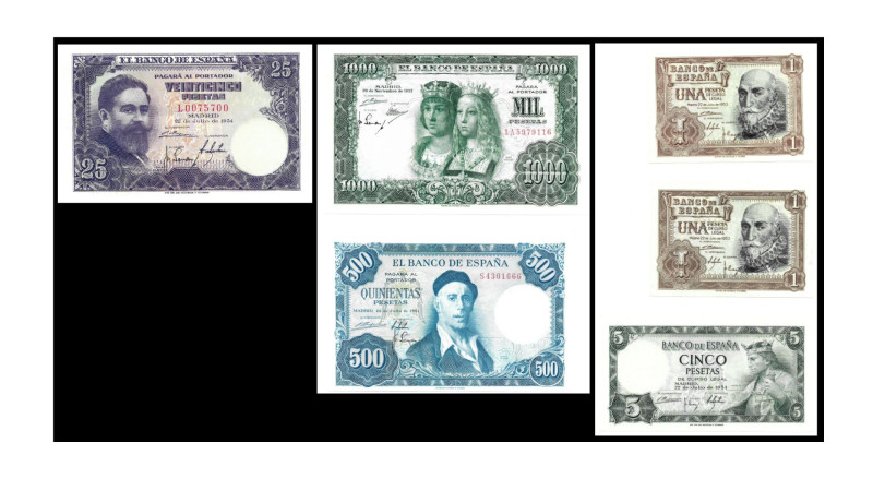 BILLETES. BANCO DE ESPAÑA. Lote de 6 billetes, dos de 1 pta. 22-7-53; 1 de 5 pts...