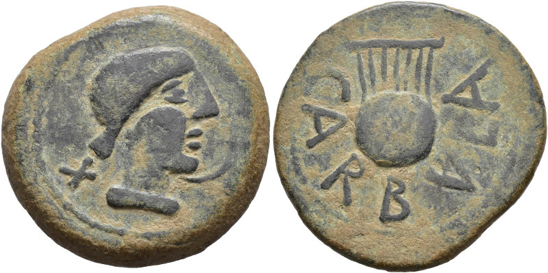 HISPANIA ANTIGUA. Carbula. As. A/ Cabeza femenina con moño a der., detrás X, del...