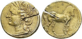 HISPANIA ANTIGUA. Acuñaciones hispano-cartaginesas. Divisor. A/ Cabeza de Tanit con collar y pendientes a izq. R/ Caballo parado a der., en exergo sím...
