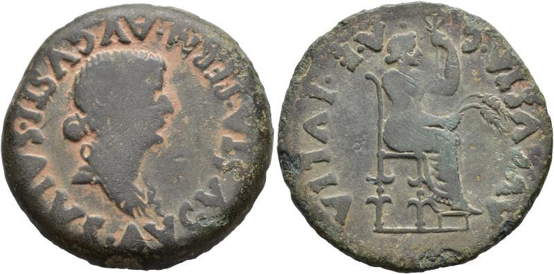 HISPANIA ANTIGUA. Emerita. Dupondio. Tiberio. A/ Cabeza de Livia a der.; PERM AV...