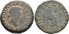 HISPANIA ANTIGUA. Emerita. Dupondio. Tiberio. A/ Cabeza de Livia a der.; PERM AVGVSTI SALVS AVGVSTA. R/ Livia entronizada a der. con cetro y espigas; ...
