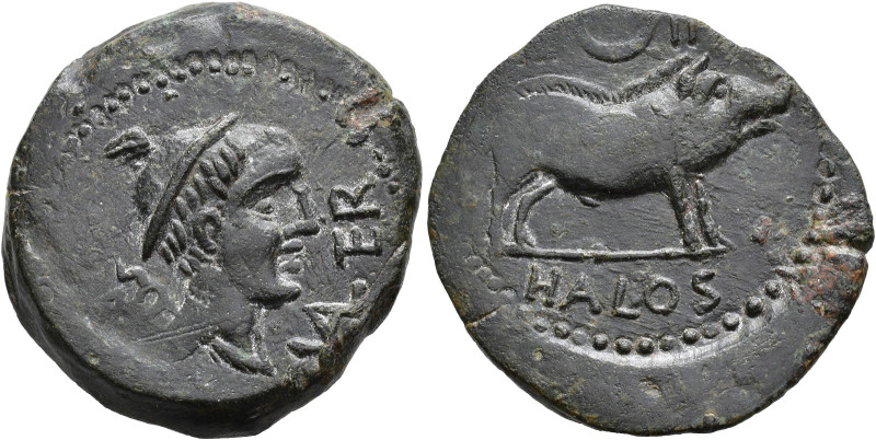 HISPANIA ANTIGUA. Halos. Unidad. A/ Cabeza de Mercurio con pétaso y caduceo a de...