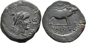 HISPANIA ANTIGUA. Halos. Unidad. A/ Cabeza de Mercurio con pétaso y caduceo a der.; VAL TER. R/ Jabalí a der., encima creciente; (IL)IPV/HALOS. AE 18,...