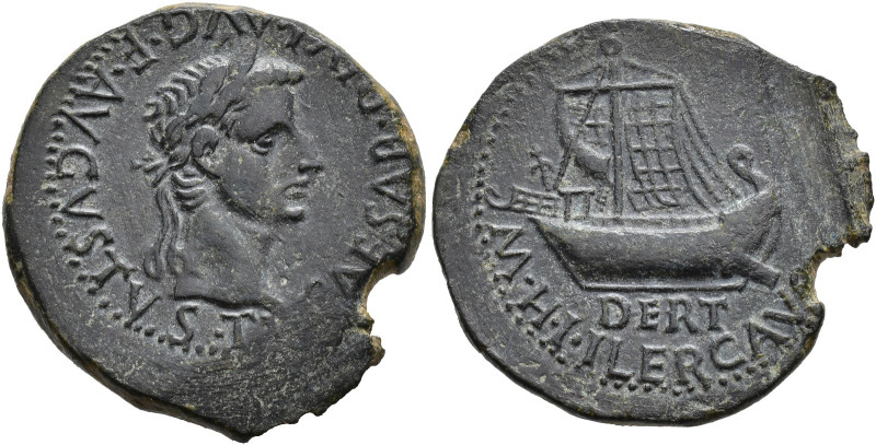 HISPANIA ANTIGUA. Dertosa. As. Tiberio. A/ Cabeza laureada a der.; TI CAESAR DIV...